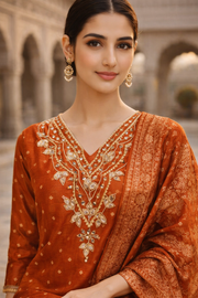 Royal Rust Orange Embroidered 3-Piece Ethnic Suit Set for Festive Wear